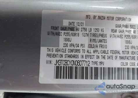 2022 Mazda Cx-9 Touring из США, поврежденный, VIN JM3TCBCY0N0607712